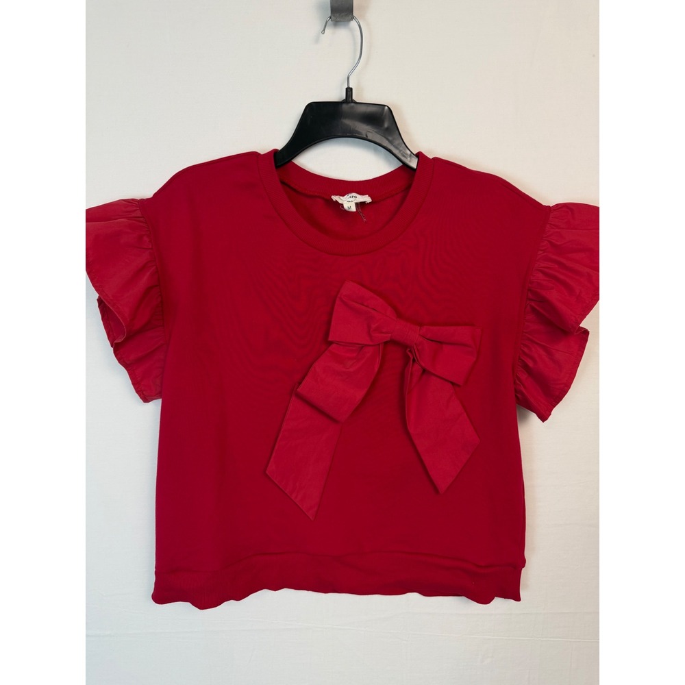 Entro Short Sleeve Sweater Women M Red Big Bow Ruffle Sleeve Festive Holiday